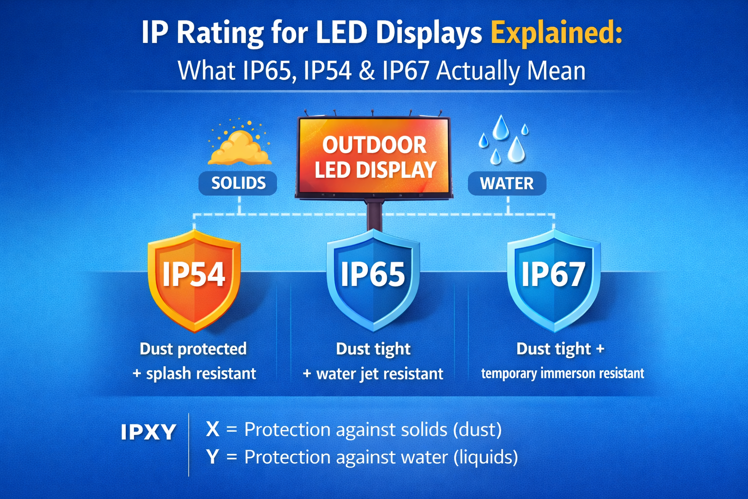 IP Rating for LED Displays Explained: What IP65, IP54 & IP67 Actually Mean