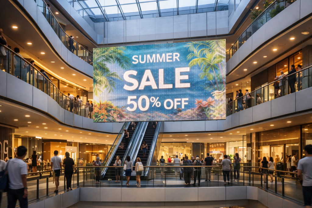 Suspended transparent LED screen in a shopping mall atrium displaying a seasonal campaign while maintaining open sightlines