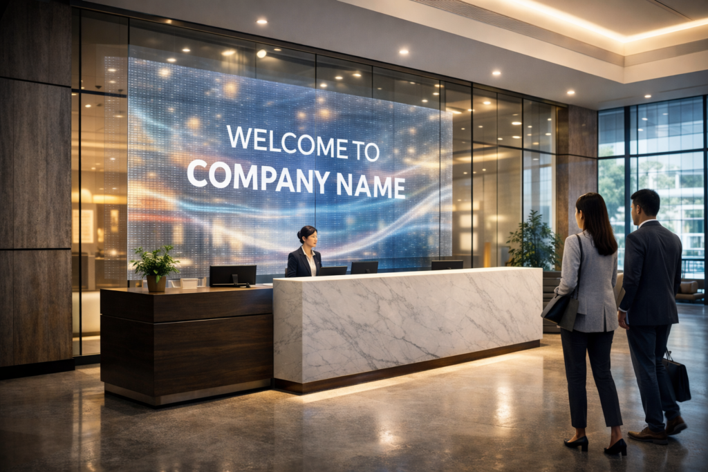 Transparent LED screen behind a reception desk in a modern corporate lobby displaying a welcome message while maintaining a see-through glass design
