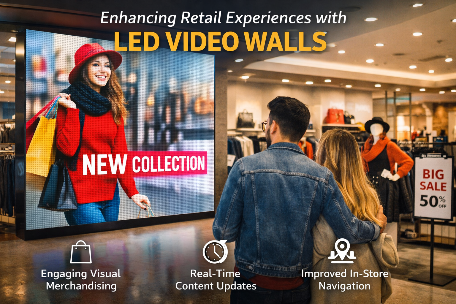 Retail store using LED video wall for immersive digital signage and promotions
