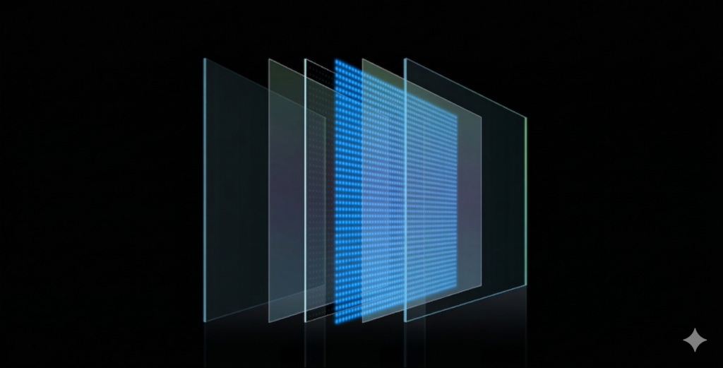 Exploded view diagram of the Aura Series architectural glass LED display, showing multiple layers of tempered glass and a central glowing blue LED luminescent core.
